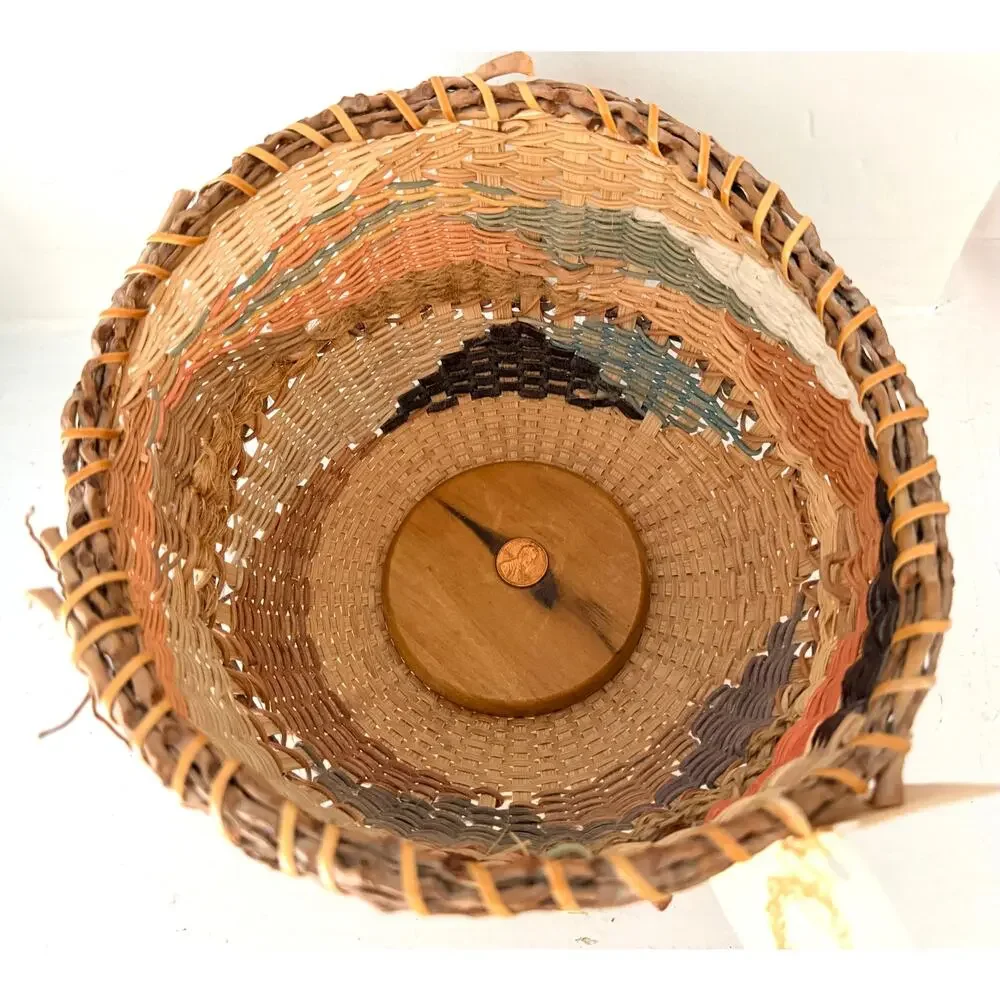 Vintage Handcrafted Tapestry Basket Woven Signed Artisan Folk Art Edna Zaremba